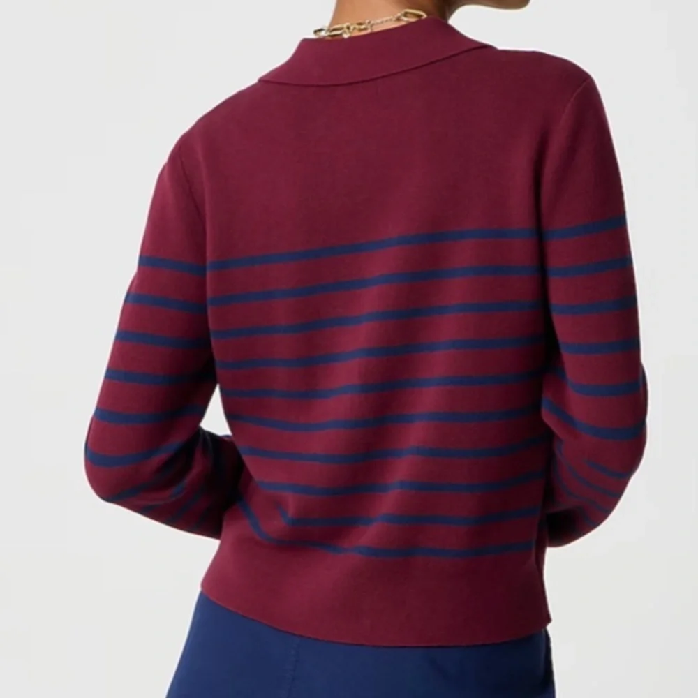 J crew burgundy navy Striped collared sweater-jacket